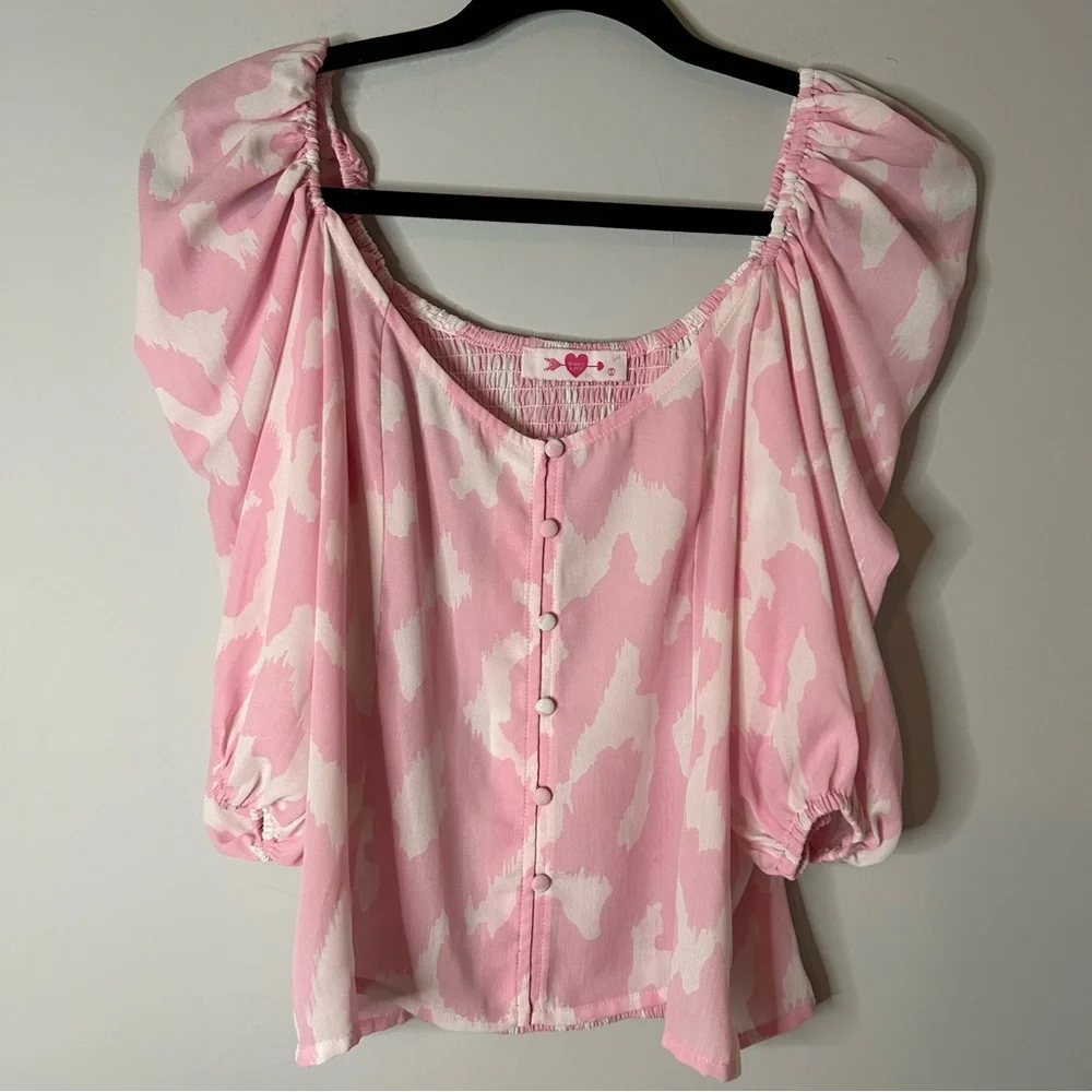 Anthropologie Buddy Love Pink White Abstract Print Puff Sleeve Demi Top